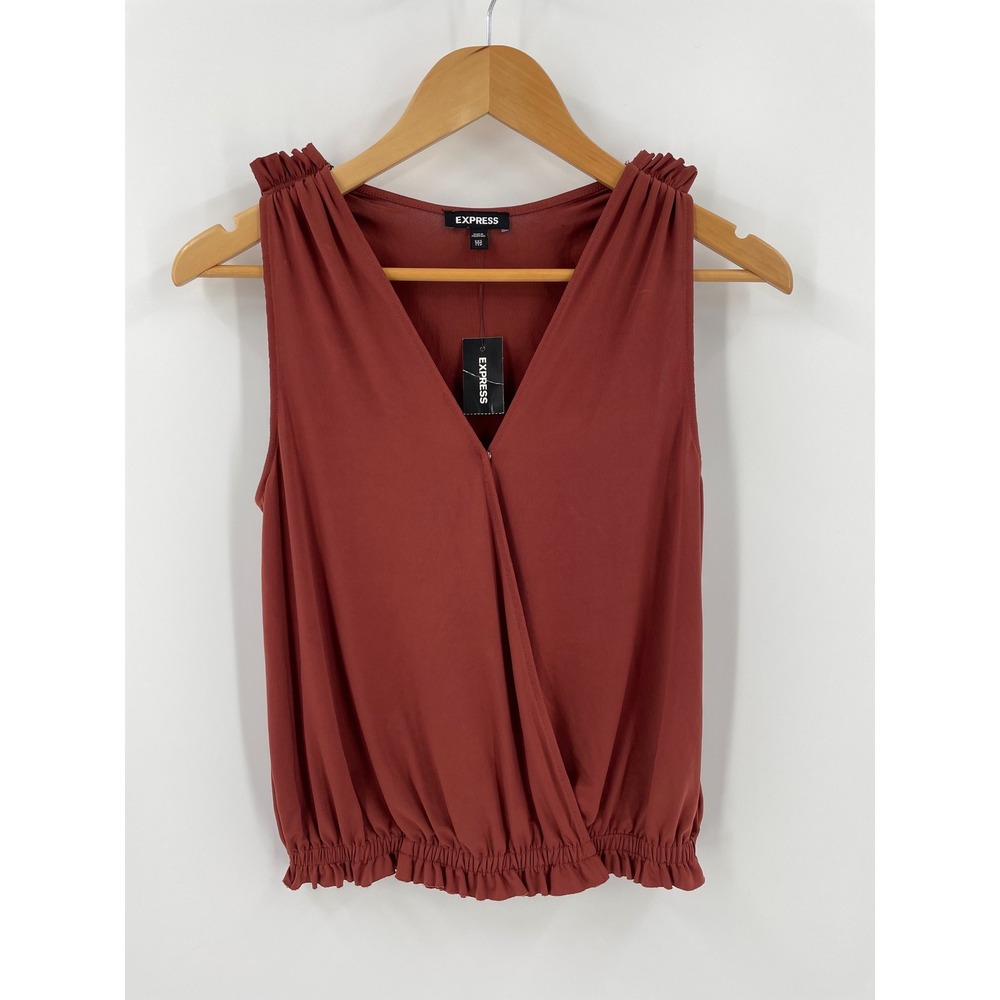 Express XXS Rust Terracotta Surplice Wrap Front Ruffle Sleeveless Blouse NWT